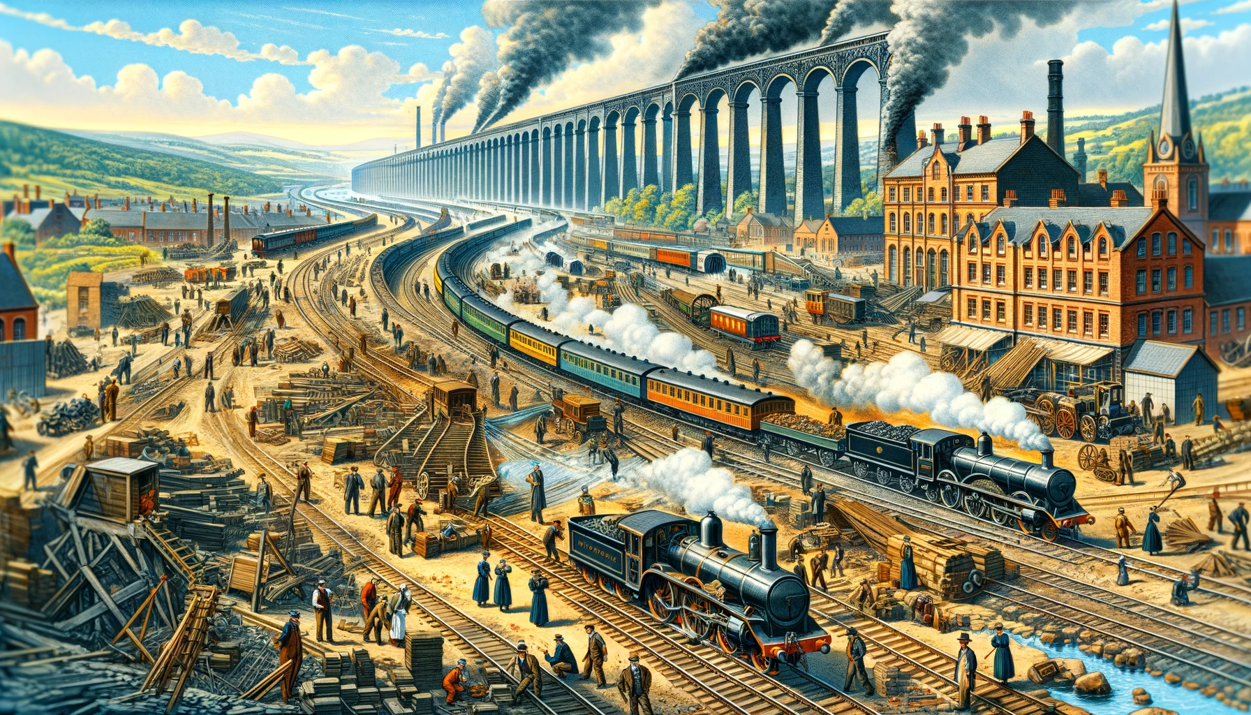 the dramatic expansion of the railway network during the transport revolution. The scene should capture the bustling construction of new