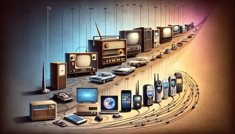 A-timeline-inspired-artwork-that-visualizes-the-evolution-of-technology-from-analog-to-digital-devices.