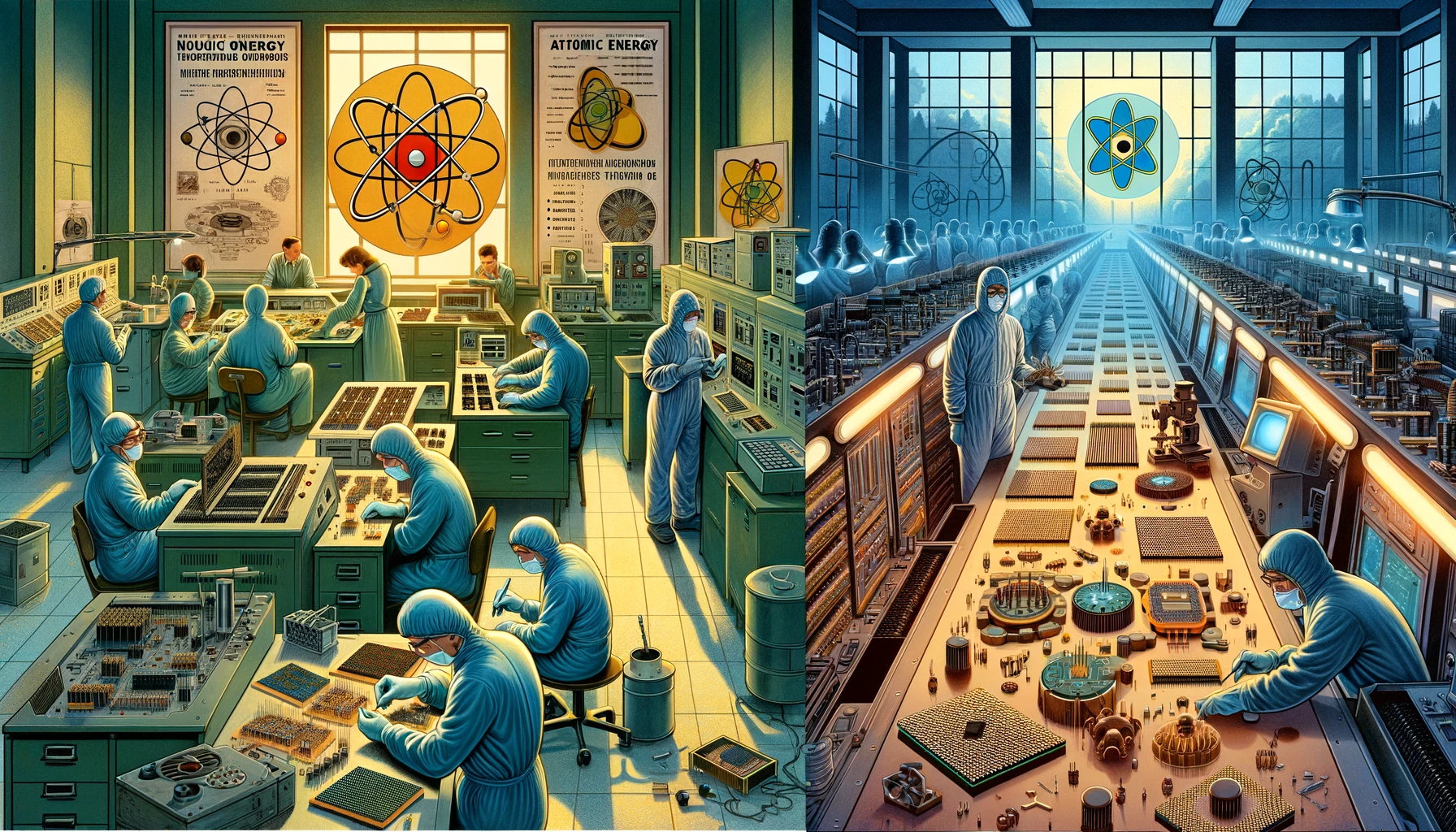 Illustrations-depicting-the-innovative-intersection-of-nuclear-energy-and-electronics.-The-first-scene-captures-the-development-