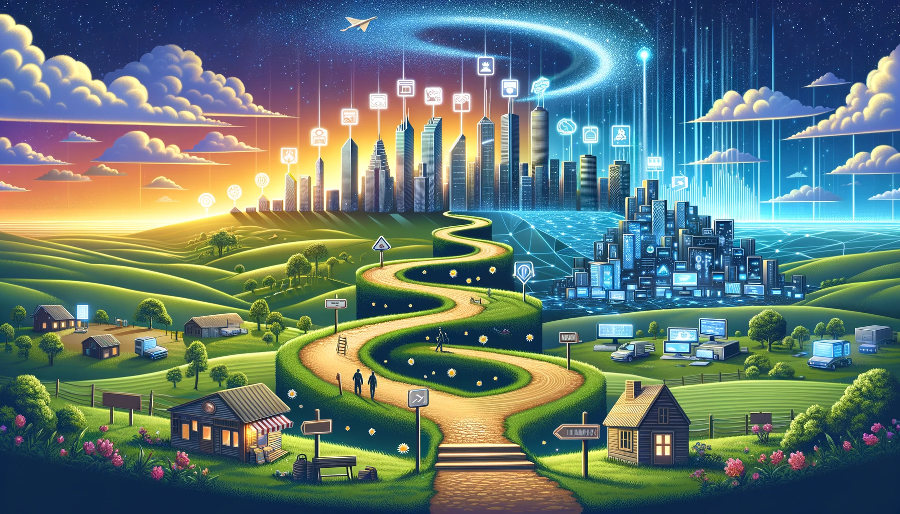 Create-an-illustrative-graphic-showing-a-path-through-a-landscape-representing-the-gradual-steps-of-digital-transformation.