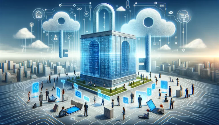 Illustrate-a-modern-digital-landscape-with-a-large-transparent-building-shaped-like-a-key-symbolizing-secure-access