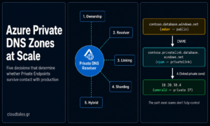 Azure Private DNS Zones architecture decisions framework showing resolution path and five key design choices