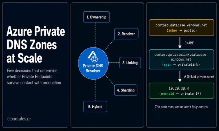 Azure Private DNS Zones architecture decisions framework showing resolution path and five key design choices