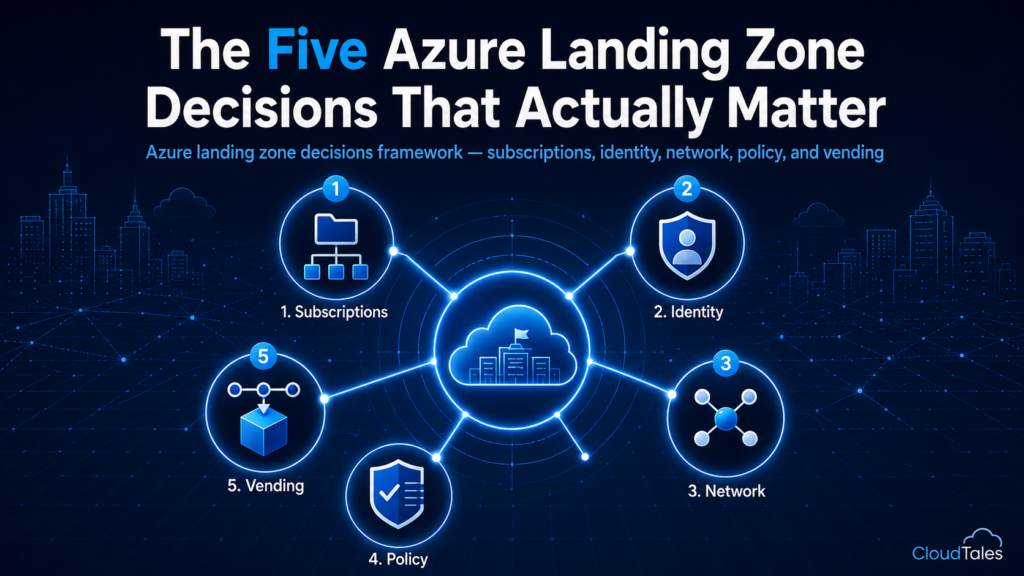 Azure landing zone decisions framework — subscriptions, identity, network, policy, and vending