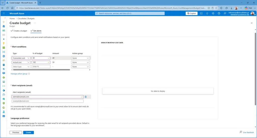 Configuring actual and forecasted Azure budget alerts with multiple thresholds.