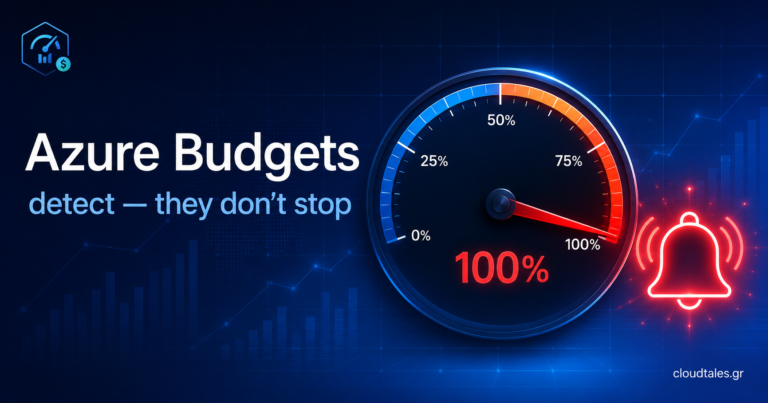 Azure budget alerts illustration — a budget gauge at 100% with an alert bell and no brake