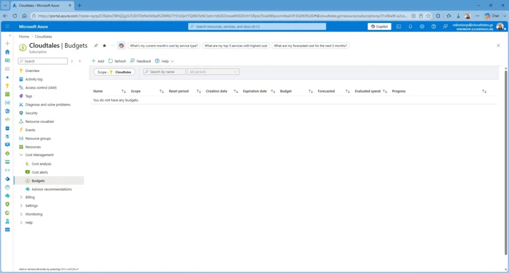 Azure budget alerts — the empty Budgets blade in Cost Management before creating a budget