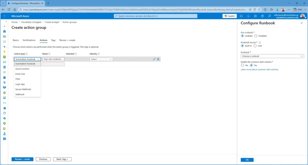 Action group wired to Azure budget alerts to trigger a stop-VMs automation.