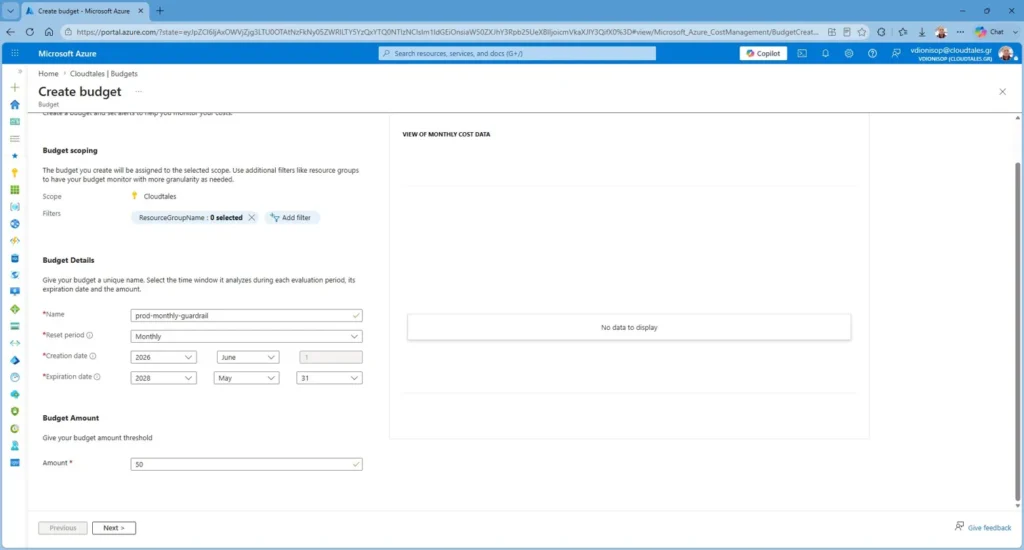 Setting the amount, monthly reset, and expiration for an Azure budget.