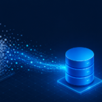 Isometric network architecture illustration, Azure palette on dark navy