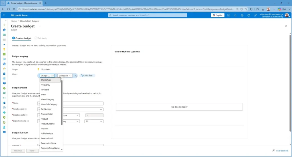 Configuring scope and filters for Azure budget alerts at the resource group level.