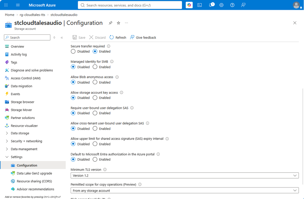 Storage account with key access and anonymous access disabled